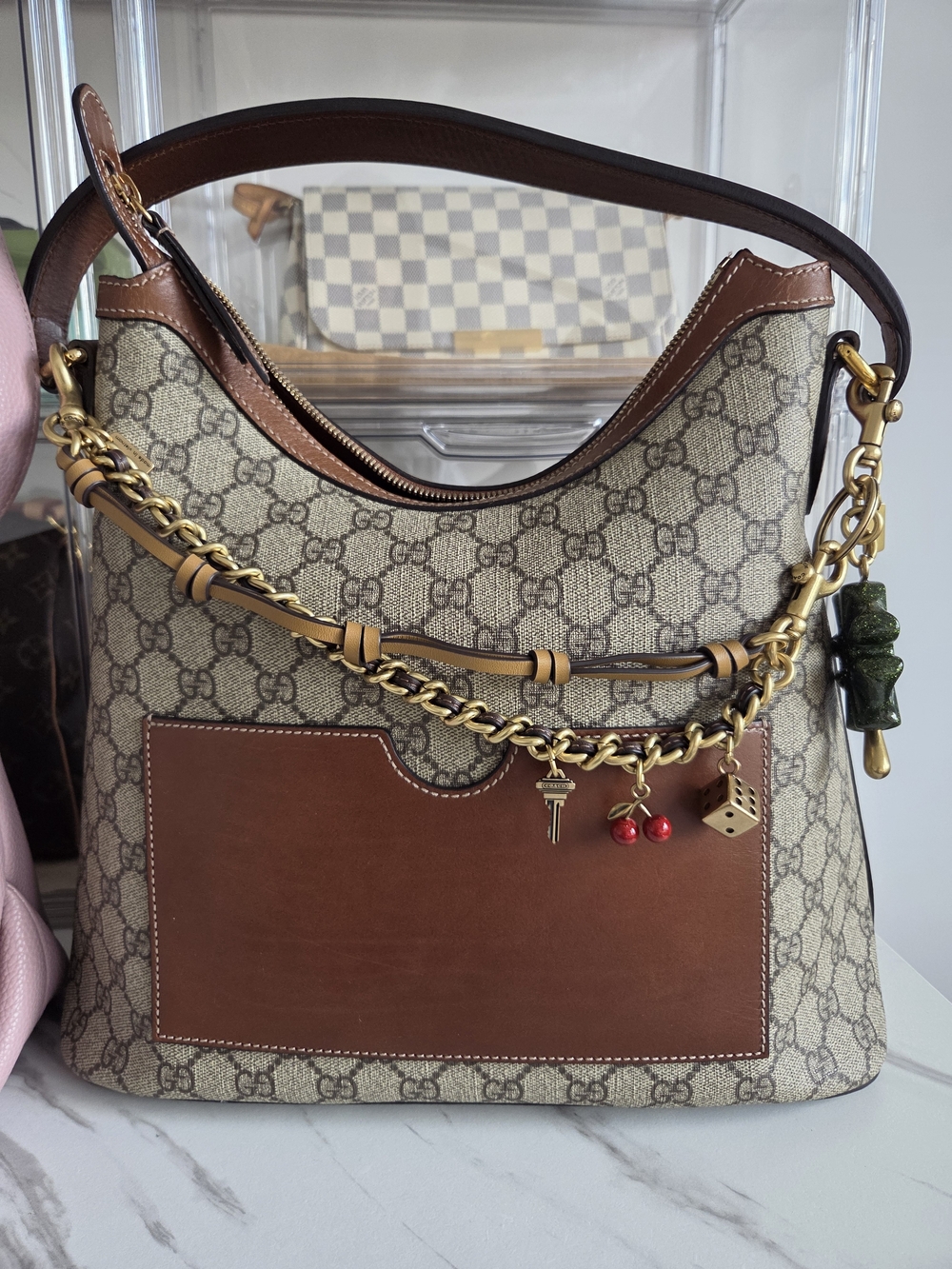 Gucci Beige GG Canvas & Brown Leather Shoulder Hobo with Gold Charm Chain